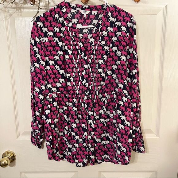 Crown & Ivy Pink and Black Graphic Blouse with Mandarin Collar - Picture 1 of 7